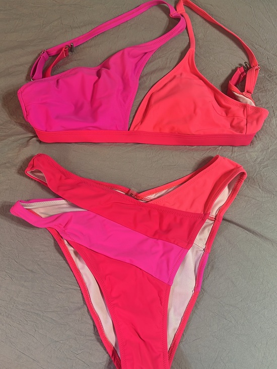Popvil Other - Women's Two-Tone Pink & Coral Triangle Bikini Top and High-Cut Bottoms - Size M